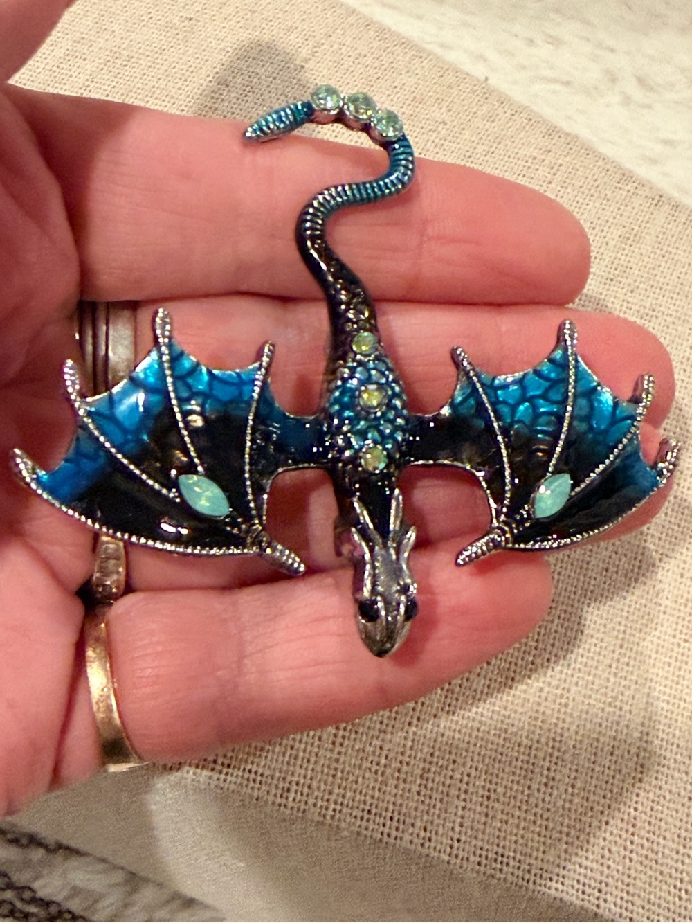 Blue & black silver tone Enamel Dragon Brooch with AB Accents